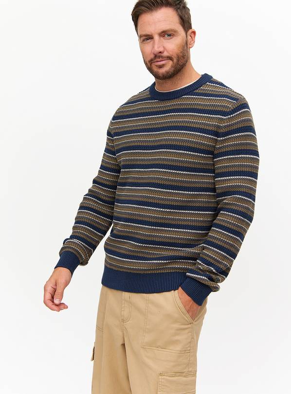 Navy Jacquard Stripe Crew Neck Jumper XL